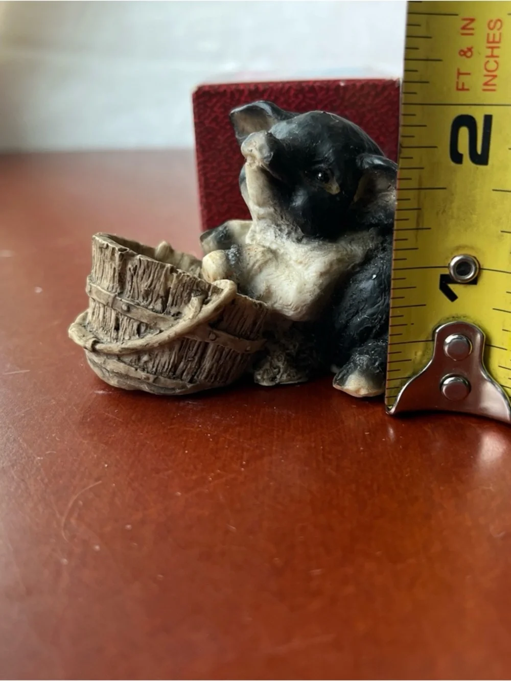 Vintage Porcelain Black & White Pig Figurine with Woven Basket Farm Model 24462